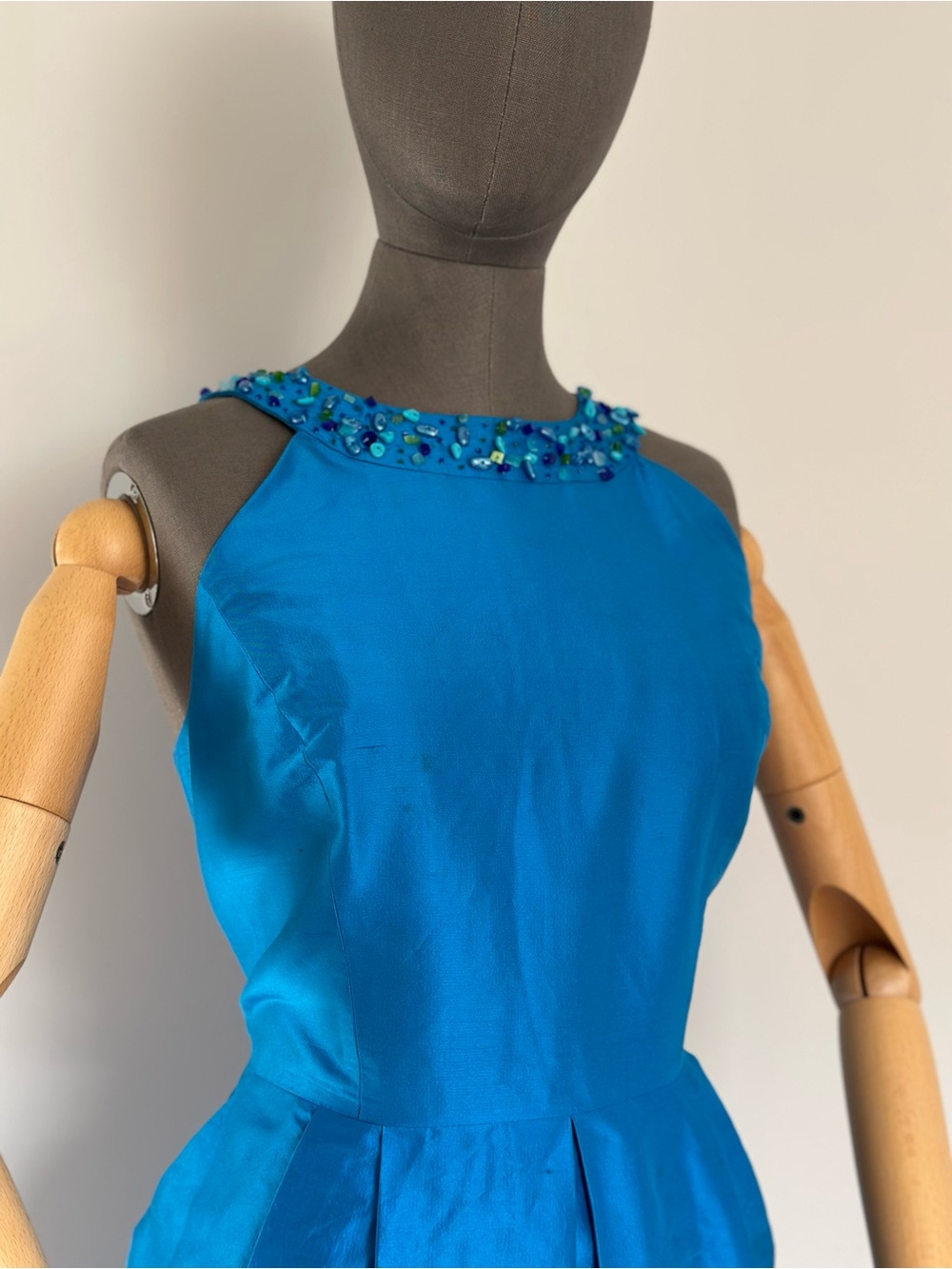Silk Turquoise Sleeveless Beaded Dress Tulip Skirt - Picture 3 of 17